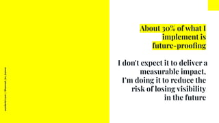 worderist.com
|
@hannah_bo_banna
About 30% of what I
implement is
future-prooﬁng
I don't expect it to deliver a
measurable...