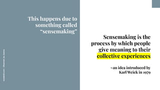 worderist.com
|
@hannah_bo_banna
Sensemaking is the
process by which people
give meaning to their
collective experiences
~...